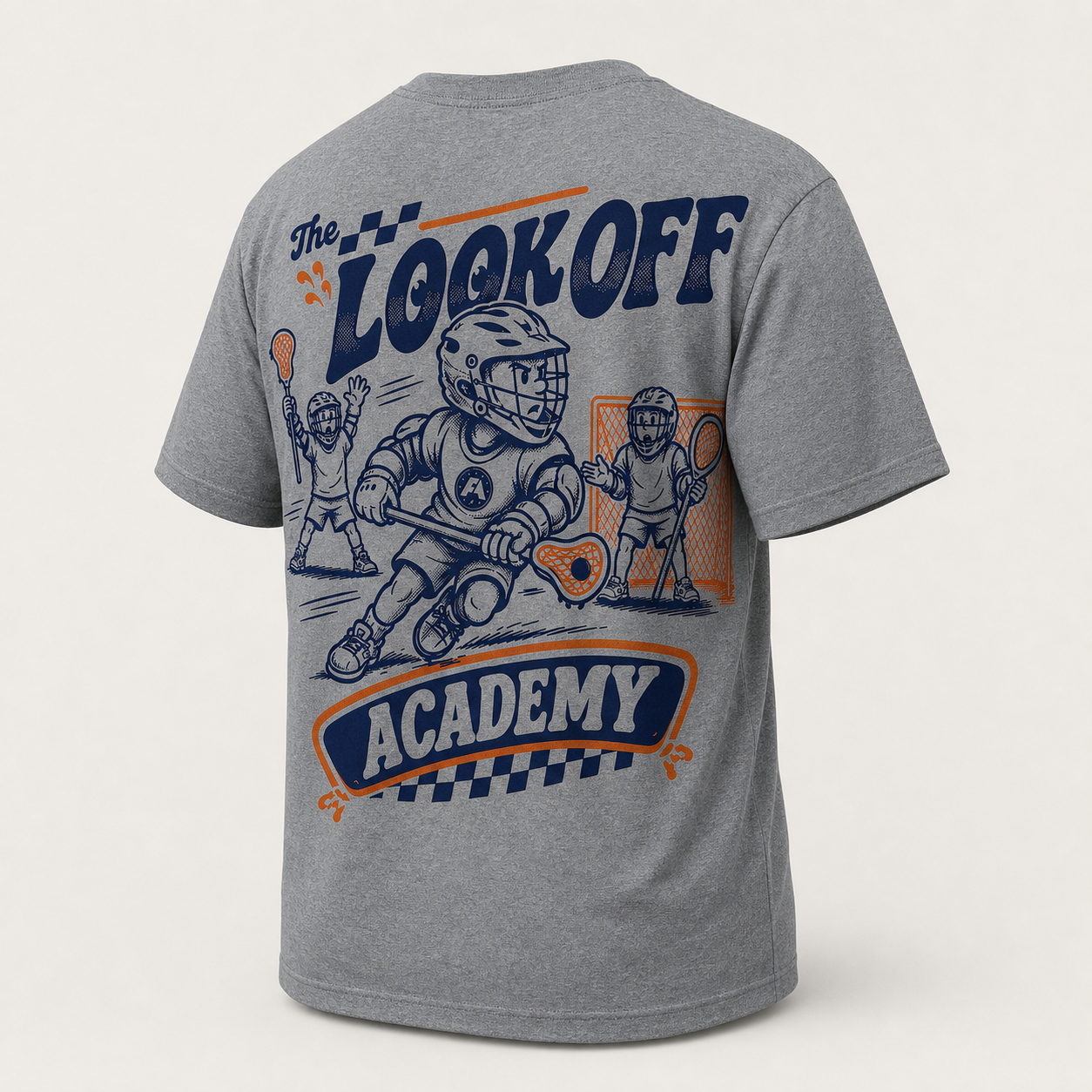 Look Off Academy T - Heather Gray / Navy & Orange, back view
