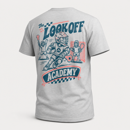 Look Off Academy T - Light Heather Gray / Pink, back view