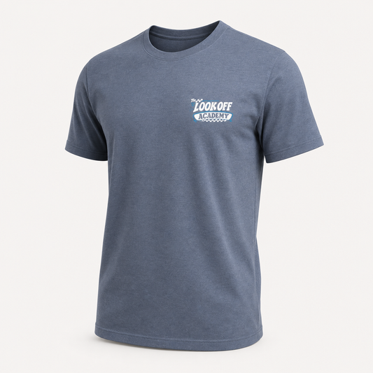 Look Off Academy T - Slate Blue / White & Cyan, front view