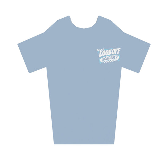 3D model of Look Off Academy T in slate blue, white, and cyan