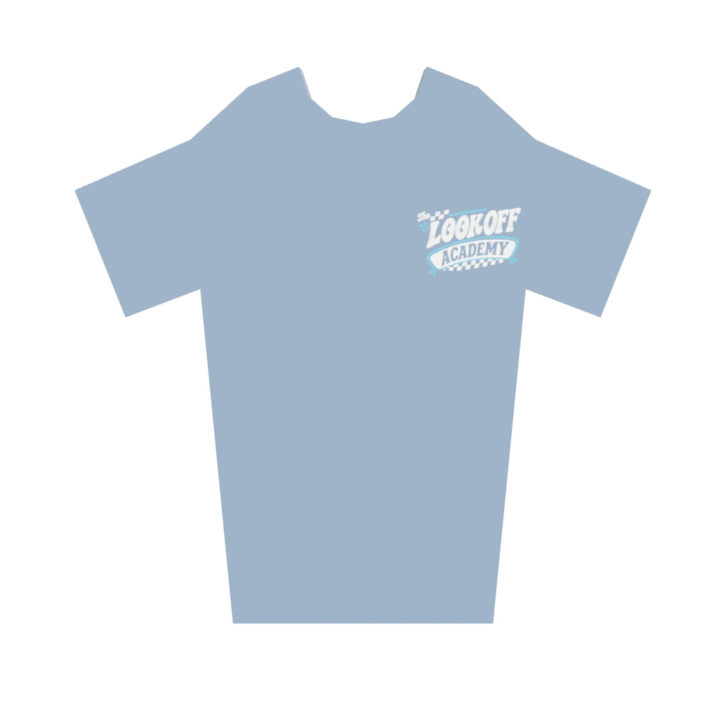 3D model of Look Off Academy T in slate blue, white, and cyan